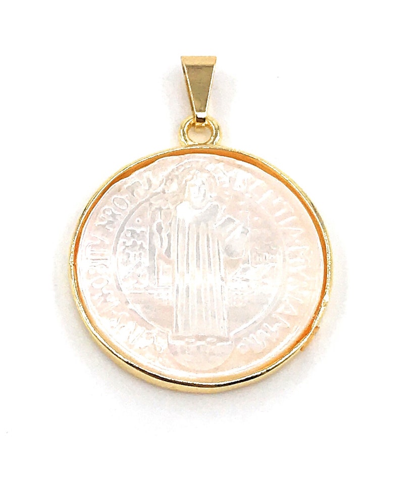 Mother of Pearl St. Benedict Medal Necklace, Tiny Gold Plated Chain, San Benito Necklace, Medalla San Benito, catholic religious jewelry image 7