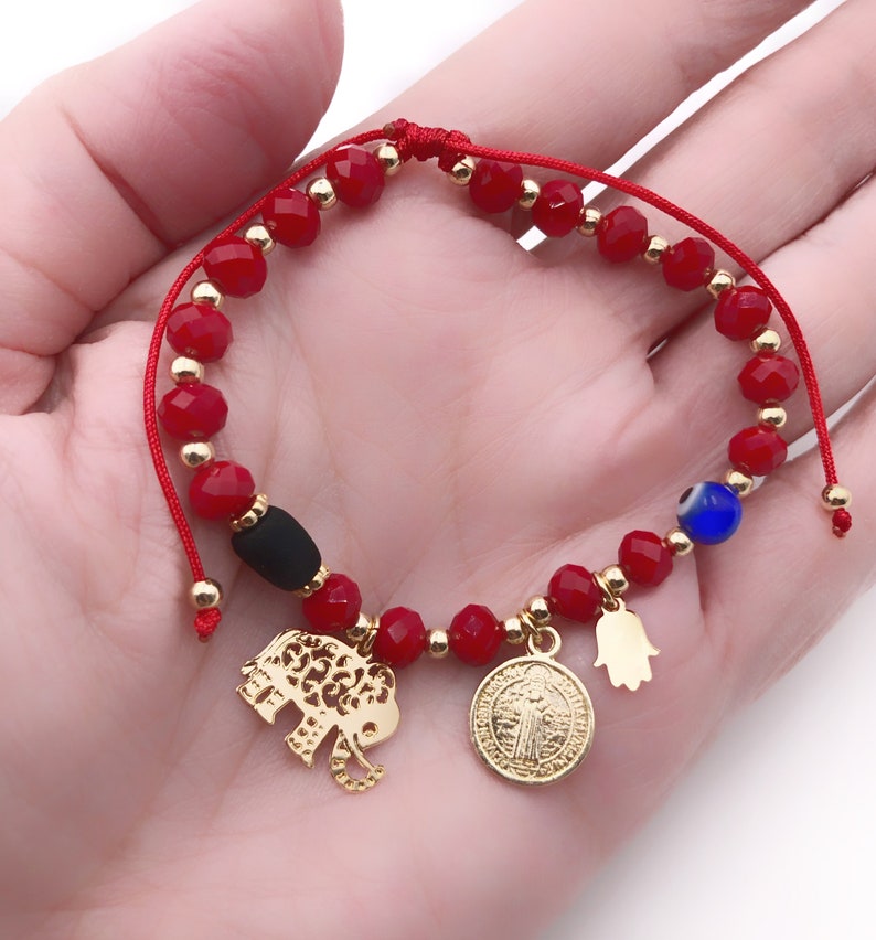Powerful Protection Amulet Bracelet, Evil Eye, Hamsa Charm, Elephant, Azabache, Pulsera Mal de Ojo, Beaded Red String Bracelet, San Benito image 4