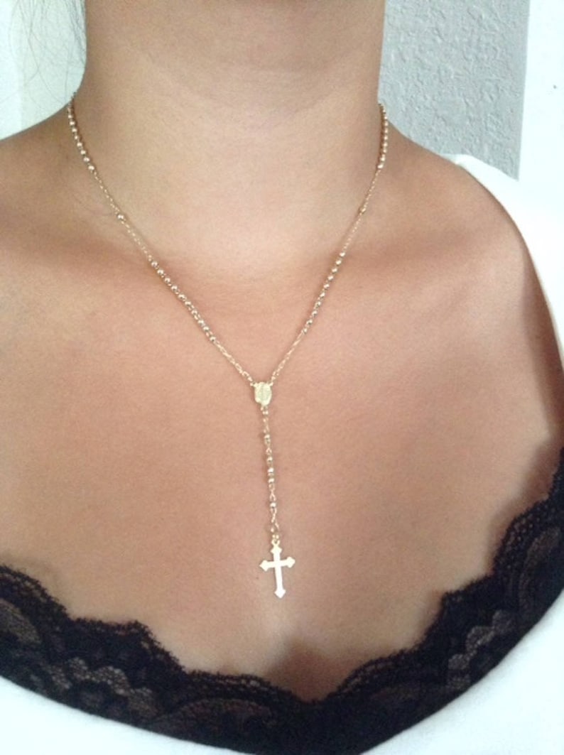 Dainty Rosary Necklace Gold Rosaries Cross Pendant Virgin Etsy