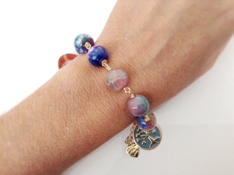Blue and Brown Stone Tree of life Bracelet Gold Pendant Jade Bracelet Kabbalah Jewelry Brown Gemstone Drop Good Luck Jewelry for Women
