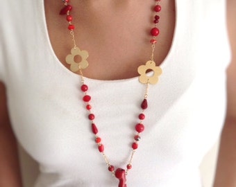 Long Red Coral Necklace, Statement Beaded Necklace, Red Crystal Flower Necklace, Red Passion Floral Jewelry, Red Coral Statement Necklace