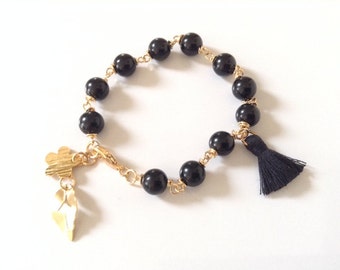 Black Tassel Boho Bracelet, Gold Flower and Leaf Pendant Bracelet, Charm Adjustable Bracelet, Black Jewelry, Tassel Bracelet, Handmade Gift