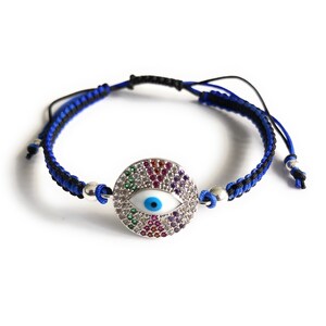 Blue Evil Eye, Macrame Bracelet, Lucky Charm Jewelry, Cubic Zirconia Protection Bracelets, Silver CZ Evil Eye, Pulseras de Hilo, Mal de ojo