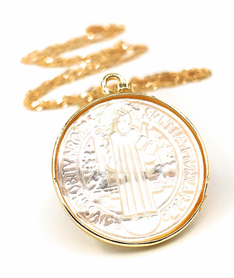 Mother of Pearl St. Benedict Medal Necklace, Tiny Gold Plated Chain, San Benito Necklace, Medalla San Benito, catholic religious jewelry image 3