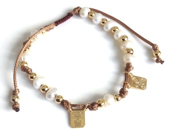 Scapular Pearl Bracelet, 18k Gold Plated Religious Medals, Adjustable