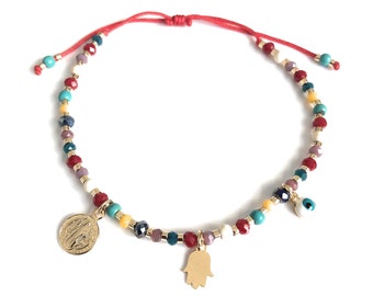 Protection Amulet Bracelet, Evil Eye, Hamsa Charm, Red String Bracelet, Good Luck, Pulsera Mal de Ojo, Bead Bracelet, San Benito