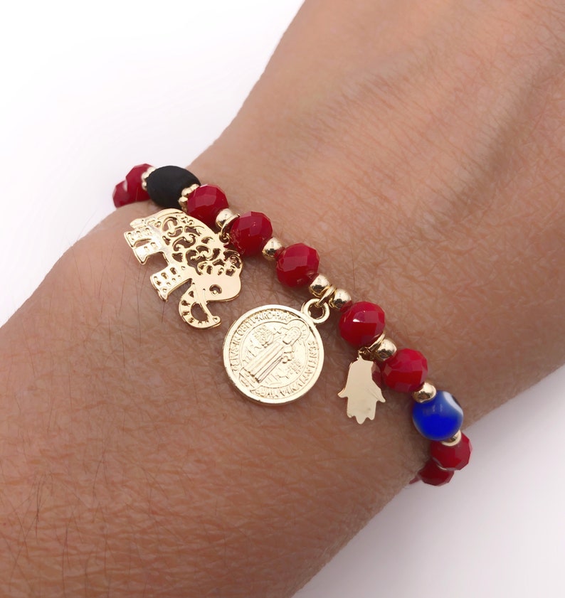 Powerful Protection Amulet Bracelet, Evil Eye, Hamsa Charm, Elephant, Azabache, Pulsera Mal de Ojo, Beaded Red String Bracelet, San Benito image 2