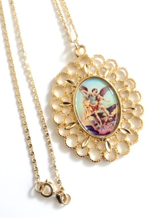 Archangel St Michael Necklace Gold Oval Medal - St Michael Gold Pendant Archangel St Michael Necklace Gold Oval Medal - St Michael Gold Pendant
