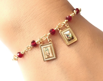 Guadalupe & Saint Michael Scapular Bracelet, Red Crystal Bead Catholic Jewelry