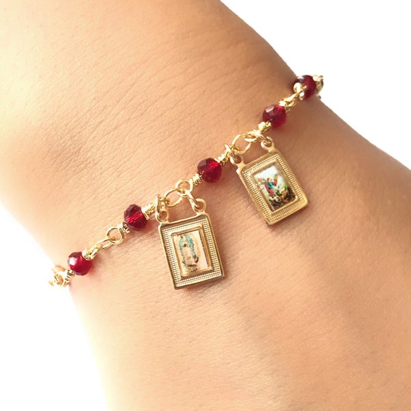 Brown Scapular Bracelet, Guadalupe & Saint Michael Archangel Scapular Bracelet, Catholic gift for her, Religious Jewelry, Catholic Scapular