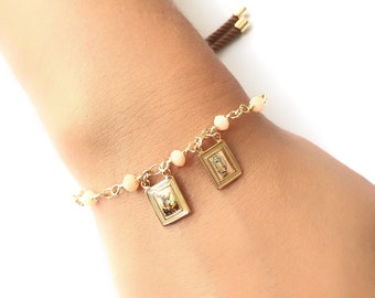 Catholic Scapular Bracelet, Guadalupe & Saint Michael Archangel Scapular, Catholic gift for her, Religious Jewelry, Beige Scapular Bracelet