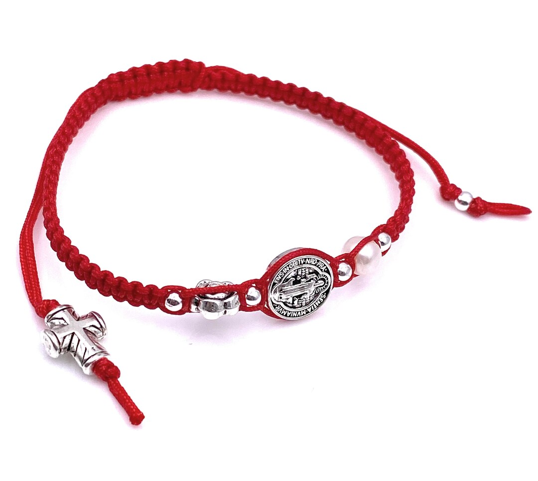 Saint Benedict Pearl Bracelet, Red String Macrame Bracelet, Silver