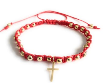 Red Sting Gold Plated Adjustable Cross Bracelet, Simple Gold Filled Beaded Bracelet, Red String Bracelets for Women, Dainty Cross Pendant