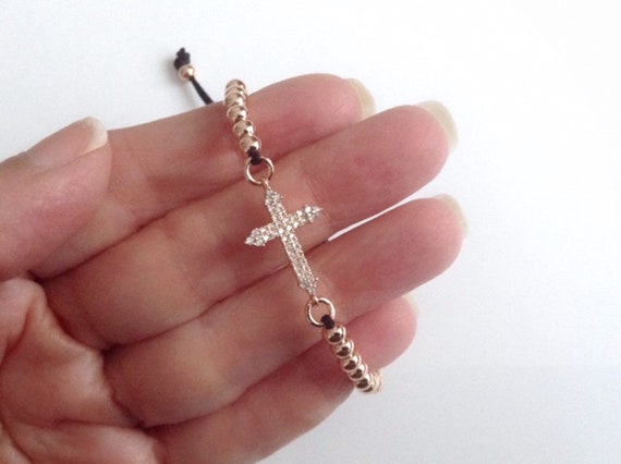Rose Gold Sideways Cross Charm CLJSTORE Jewelry Womens Cubic Zirconia Stainless Steel Bracelet Rose Gold Sideways Cross Charm CLJSTORE Jewelry Womens Cubic Zirconia Stainless Steel Bracelet