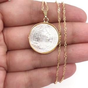 Mother of Pearl St. Benedict Medal Necklace, Tiny Gold Plated Chain, San Benito Necklace, Medalla San Benito, catholic religious jewelry image 6