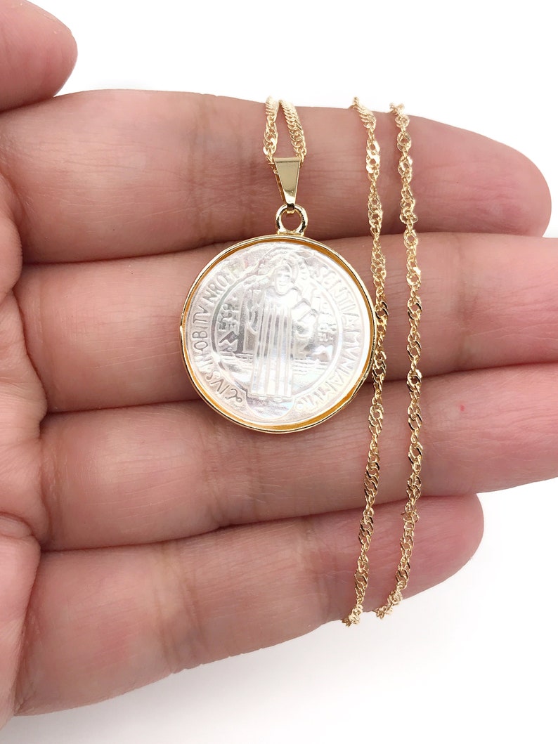 Mother of Pearl St. Benedict Medal Necklace, Tiny Gold Plated Chain, San Benito Necklace, Medalla San Benito, catholic religious jewelry image 6
