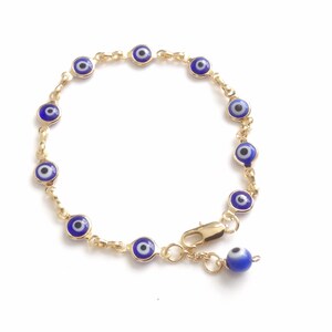 Gold Evil Eye Bracelet, Blue Glass Charm, Adjustable Beaded Jewelry