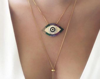 Lariat Evil Eye Necklace, Protection Necklace, Big Evil Eye Long Necklace, Evil Eye Choker, Evil Eye Jewelry, Mal de Ojo, Long Eye Necklace