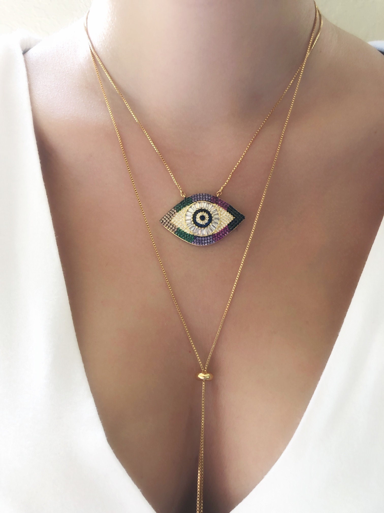 Lariat Evil Eye Necklace, Protection Necklace, Big Evil Eye Long Neck…