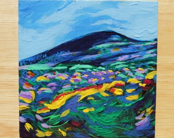 Mini peinture originale, paysage, acrylique, 4x4, montagne, vif, coloré, sombre,