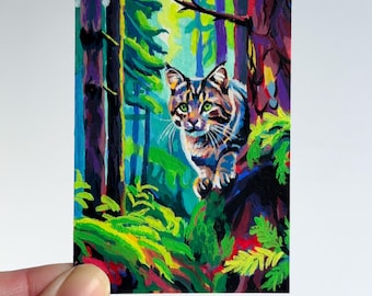 Cat in the forest original painting,  acrylic gouache painting, ACEO painting, mini painting, tiny painting, woodland, wildlife, trees