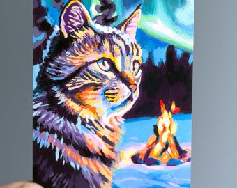 Pintura original de gato atigrado, pintura acrílica gouache, pintura ACEO, mini pintura, pintura diminuta, pintura pequeña, fogata, escena invernal