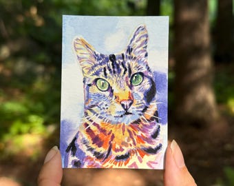 グレーのトラ猫、ミニプリント、水彩画、子猫のイラスト、トラ猫