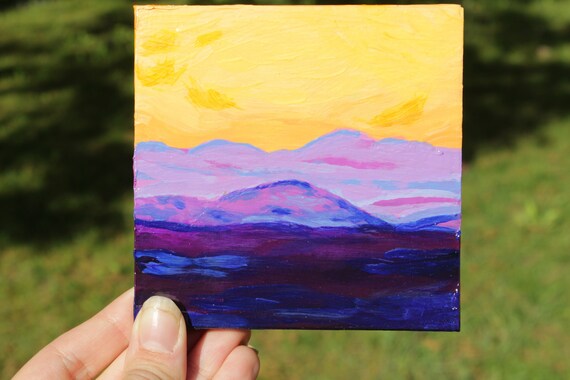 Original Mini Painting on Canvas, Sunset, 4x4, Purple, Orange, Artwork 