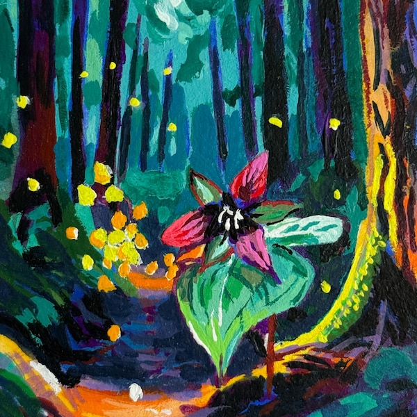 Forest Trillium Fireflies Painting – Acrylic Gouache ACEO Art Card (2.5"x3.5")