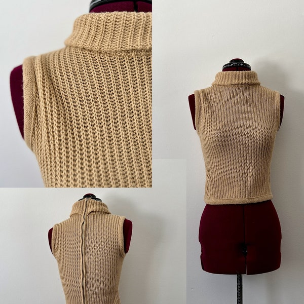 1960s Camel Shell Sweater Vest, 60s Knit Sweater, Turtleneck Top, Sleeveless, Tan Beige Sand, Mid Century Mod Clothing, Back Zipper