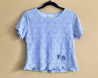 Vintage 80s Cropped Shell Top in Blue Lace With Bow Detail Size Small