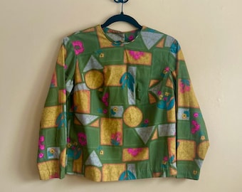 Vintage 60s Abstract Print Blouse: Cropped 3/4 Sleeve Top, Size Small