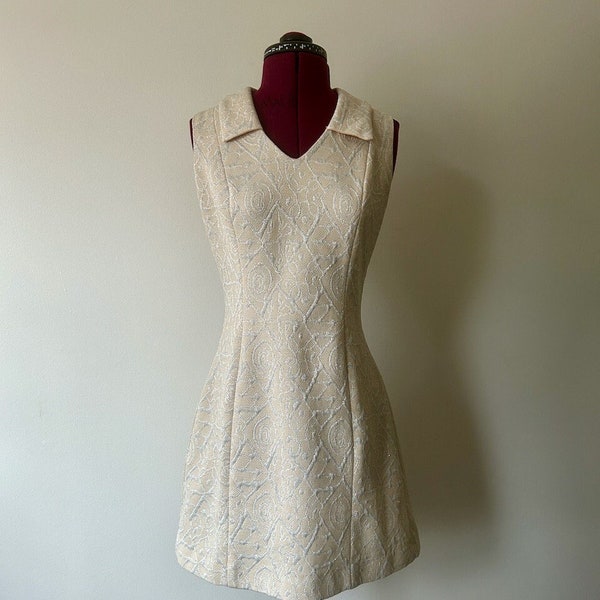 Vintage 1960s Mod Mini Dress, Wedding Reception Dress, Party Dress, Sleeveless V-Neck Dress with Pointed Collar, Metallic Brocade Polyester