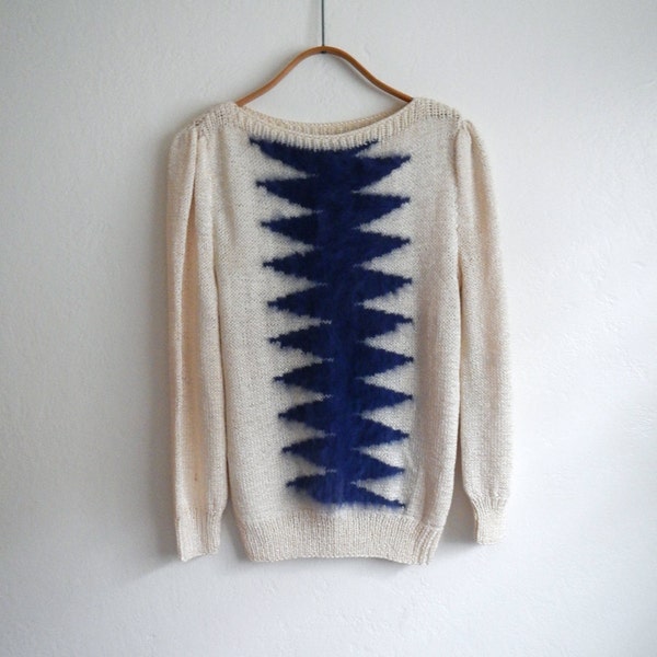 Vintage Cream Knit Sweater With Blue Angora Zig Zag Pattern - Pullover - Boatneck - Jumper - Size Small Medium