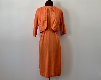 1960s Hand Sewn Coral Sheath Dress and Matching Jacket/ Mid Century Dress/ Midi Dress/ Fitted Dress/ Pink Dress/ Vintage Office Dress