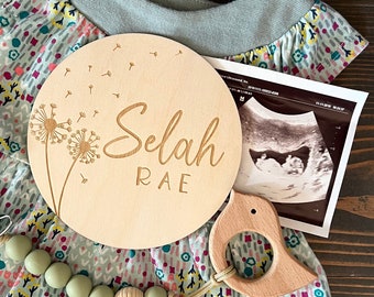 Dandelion Name Sign | Wood Baby Name Sign | Floral Engraved Newborn Photo Prop | Nursery Sign | Birth Announcement