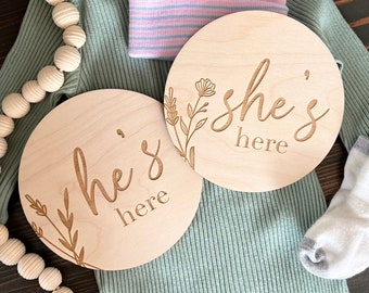 She's Here He's Here Announcement Signs | It's a Boy It's a Girl Gender Reveal Photo | Birth Announcement Plaque | Pregnancy Photo Prop