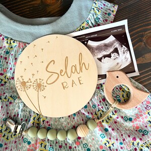 Dandelion Name Sign Wood Baby Name Sign Floral Engraved Newborn Photo Prop Nursery Sign Birth Announcement image 2