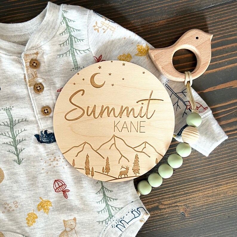 Forest Baby Name Sign Gender Neutral Baby Birth Announcement Mountain Name Sign Moon and Stars Camping name sign image 2