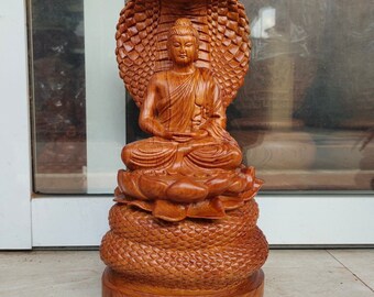 Wooden Gautama Buddha (15.7"H) Sitting on Naga Buddha, Shakyamuni Buddha statue in Meditation, Meditation room decor