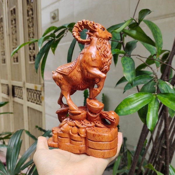 Wooden Goat Statue (7.8"H), Crafted Feng shui Statue of Goat, Statue bringing luck and fortune, Handcarved Gift, Figurine