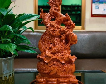 Dragon en bois (11,8 pouces), Dragon Feng Shui, Dragon tenant une perle, Dragon avec bijou qui exauce ses rêves, Cadeau dragon, figurine, décoration de maison