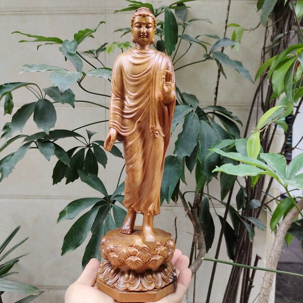 Crafted Gautama Buddha 11.8"H, Shakyamuni Buddha, Wooden statue of Gautama, Meditation decor, home decor