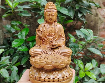 Wood Guanyin Sitting On Lotus, Statue Of Guan Yin, Hand-Carved Statue, Decor