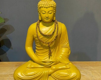 Solid Handcrafted Gautama Buddha (15.7”H) sitting on a Lotus flower pedestal, Wooden Shakyamuni Buddha statue