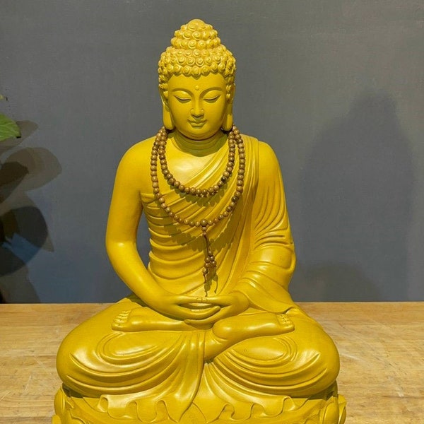 Solid Handcrafted Gautama Buddha (15.7”H) sitting on a Lotus flower pedestal, Wooden Shakyamuni Buddha statue