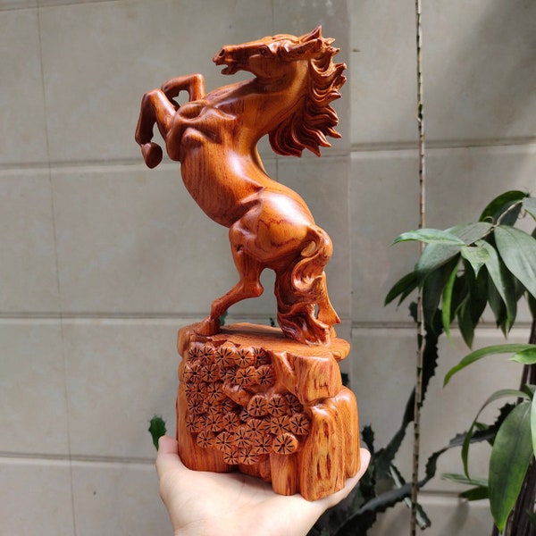 Solid Wooden Horse, Feng Shui Sculpture of Horse, Animal Lover, Handicraft, Home decor, Carved Statue, Horse Gift, Animal Statue