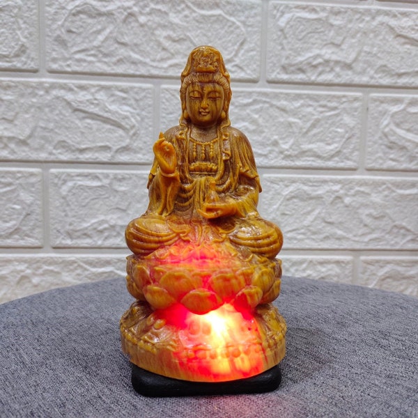 Handcrafted wooden Guanyin statue sitting on a lotus pedestal, Kuanyin Goddess of Mercy, Kuinyin, Mother buddha, feng shui Buddha