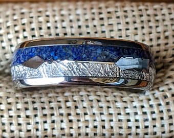 Blue Lapis Lazuli Mens Wedding Band Meteorite Ring with Arrow Inlay Silver Tungsten Space Rock Rings for Anniversary