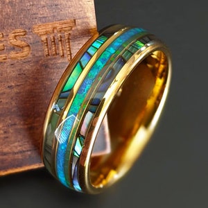 Ocean Blue Opal Ring 14K Gold Wedding Band Mens Ring 8mm Tungsten Ring Men Wedding Band Yellow Gold Ring with Abalone Shell Boho Nature Ring
